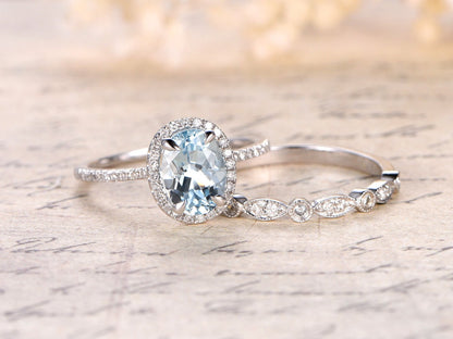 Ensemble de 2 bagues, bague en or blanc 14 carats avec aigue-marine ovale 6x8 mm et alliance assortie en diamant style Art déco, bague de fiançailles, bague d'anniversaire, bague de mariée