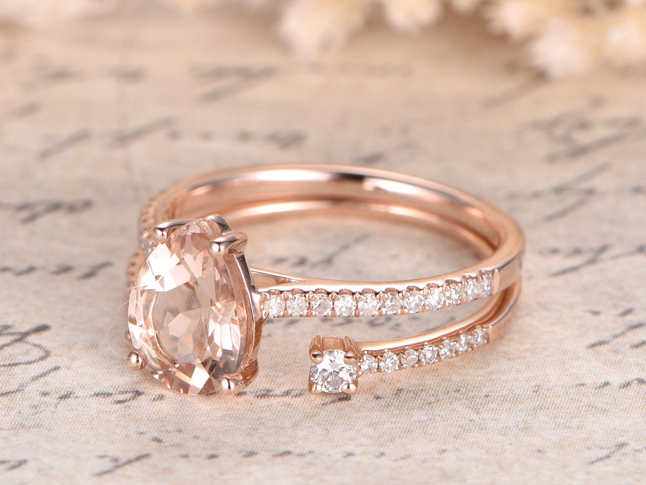 6x8mm-pear-cut-morganite-engagement-ring-set-2pcs-14k-rose-gold-pave-diamond-band-opening-6mm-matching-band