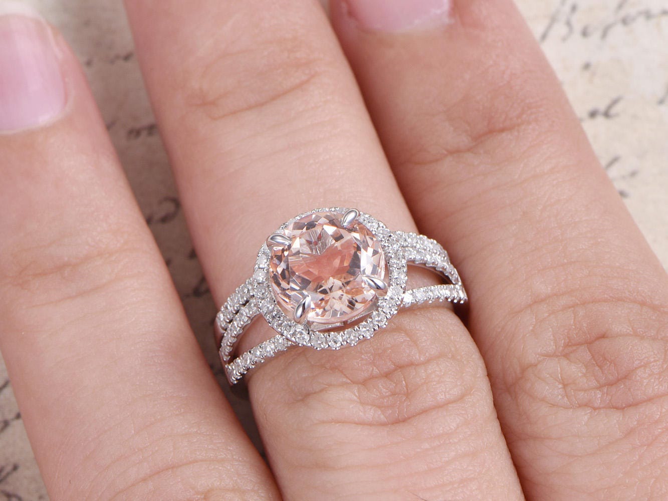 8mm-round-cut-morganite-engagement-ring-set-2pcs-14k-white-gold-split-shank-design-diamond-halo-ring-half-eternity