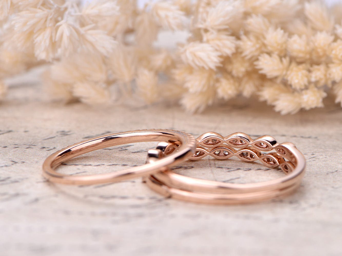 Alliance en diamant, demi-alliance sertie clos, bague de fiançailles, ensemble de 3 bagues de mariage, style Art déco, or rose 14 carats, bague marquise, finition milgrain