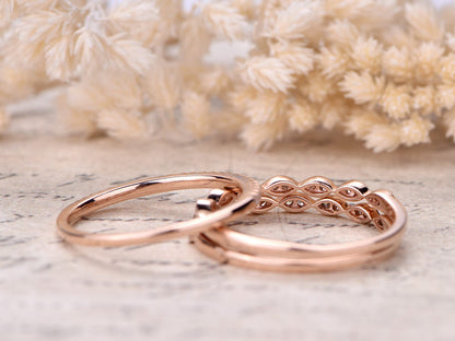 Alliance en diamant, demi-alliance sertie clos, bague de fiançailles, ensemble de 3 bagues de mariage, style Art déco, or rose 14 carats, bague marquise, finition milgrain