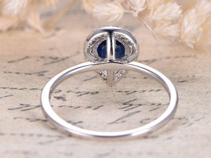 6x8mm Pear Cut Blue Sapphire Engagement Ring 14K White Gold Diamond Halo Plain Band