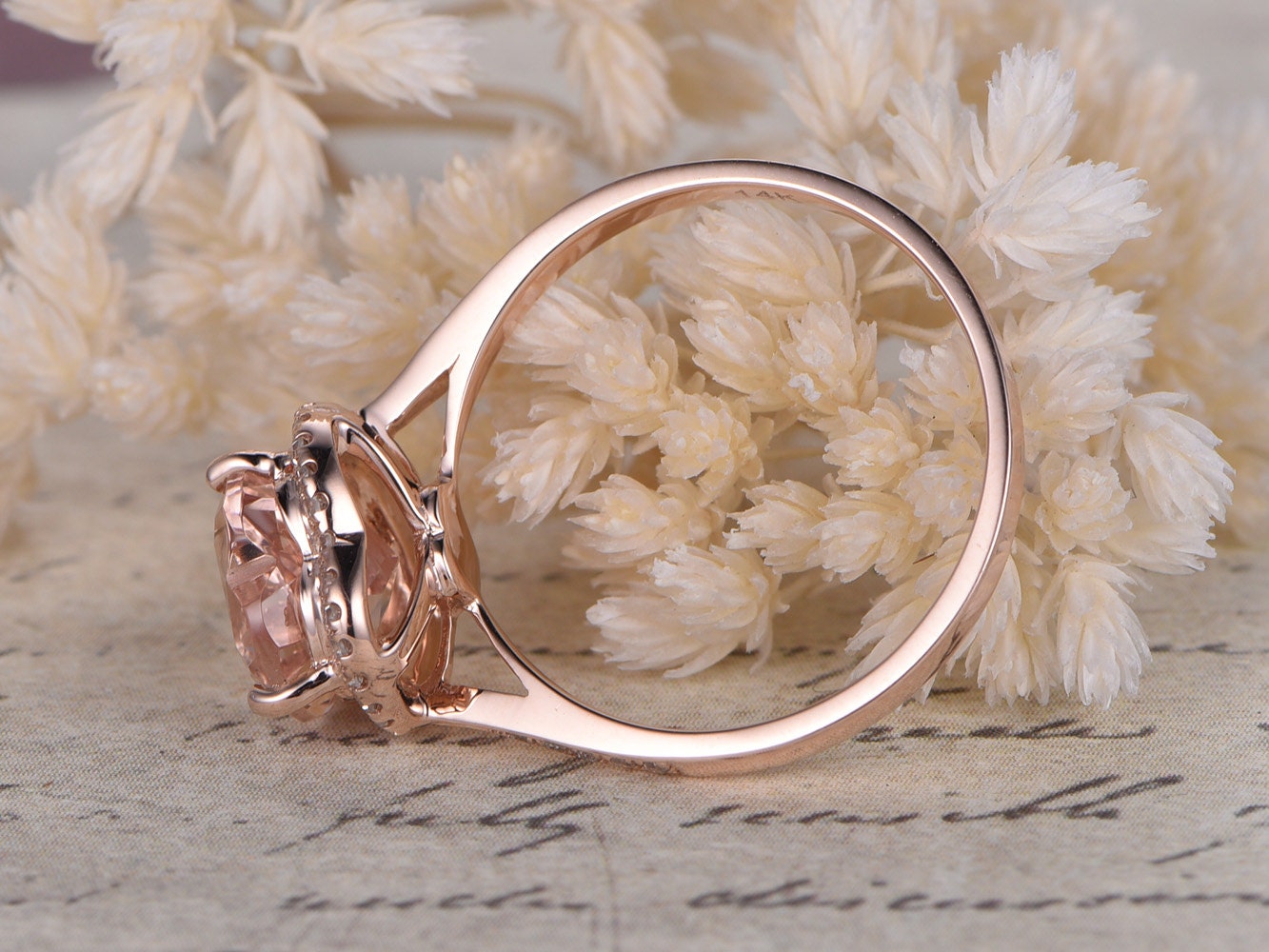 Bague de fiançailles en morganite en forme de cœur, pierre précieuse rose ronde de 8 mm, bague de promesse, alliance en or rose 14 carats avec diamants, pour femme
