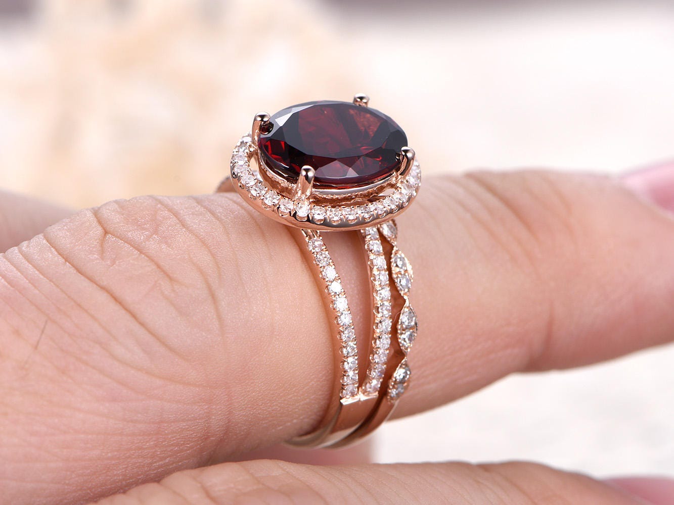 8x10mm Oval Cut Red Garnet Engagement Ring Set 2pcs 14K Rose Gold Diamond Halo Split Shank and Art Deco Band