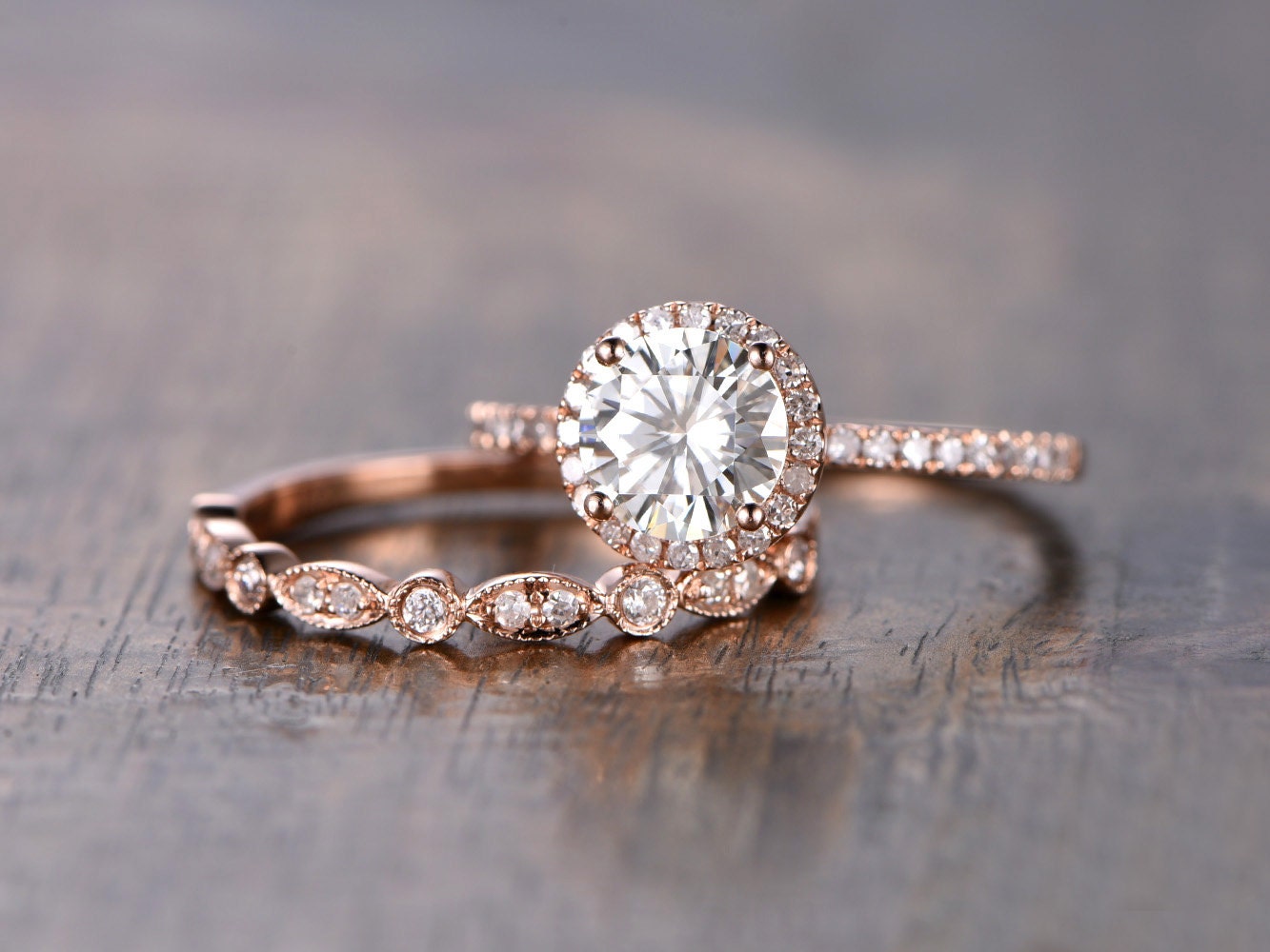7mm-round-cut-moissanite-engagement-ring-set-2pcs-solid-14k-rose-gold-diamond-halo-half-eternity-art-deco-matching-band