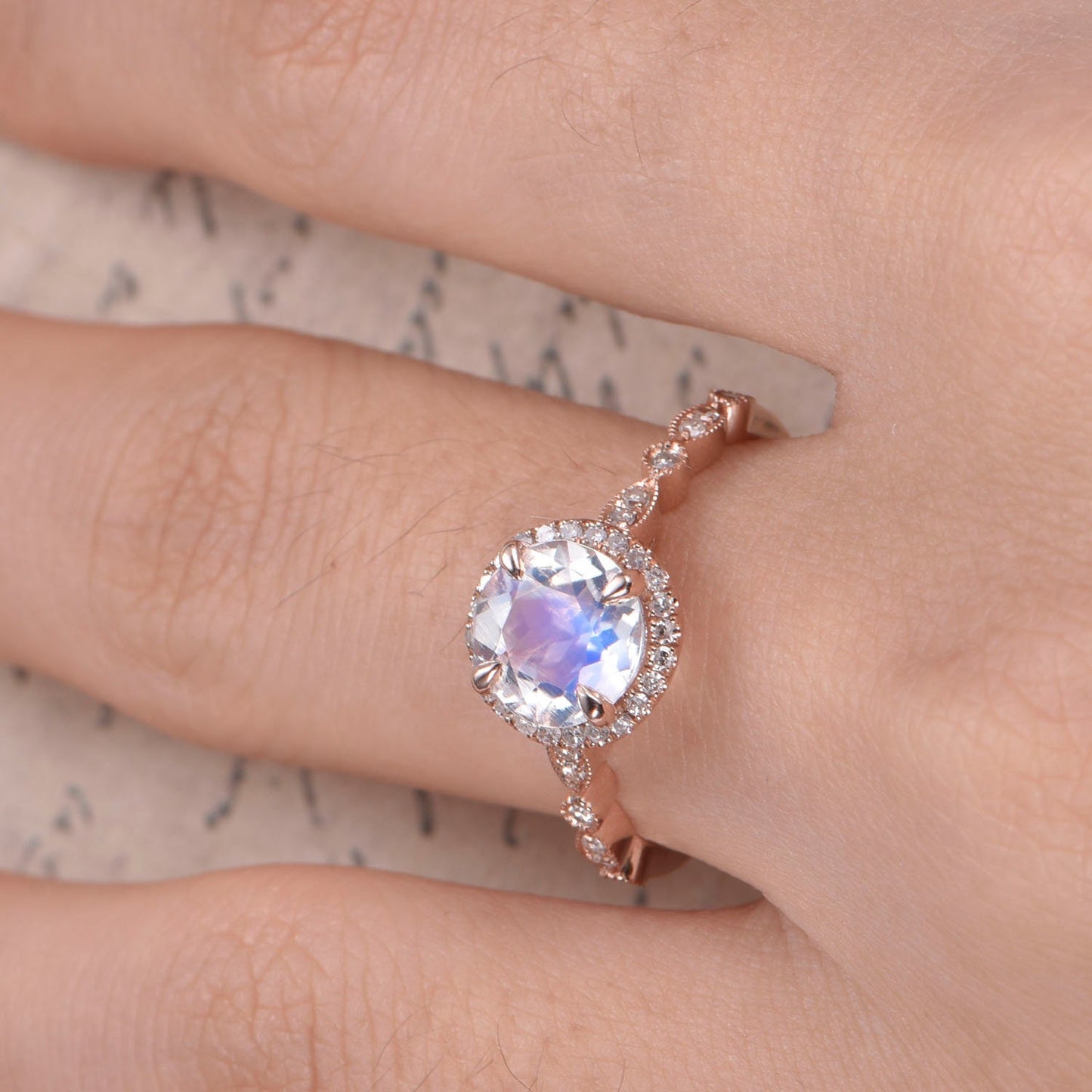 7mm Round Cut Moonstone Engagement Ring 14K Rose Gold Diamond Halo Art Deco Design