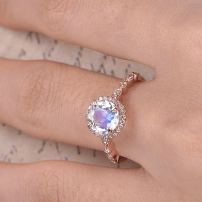 7mm Round Cut Moonstone Engagement Ring 14K Rose Gold Diamond Halo Art Deco Design