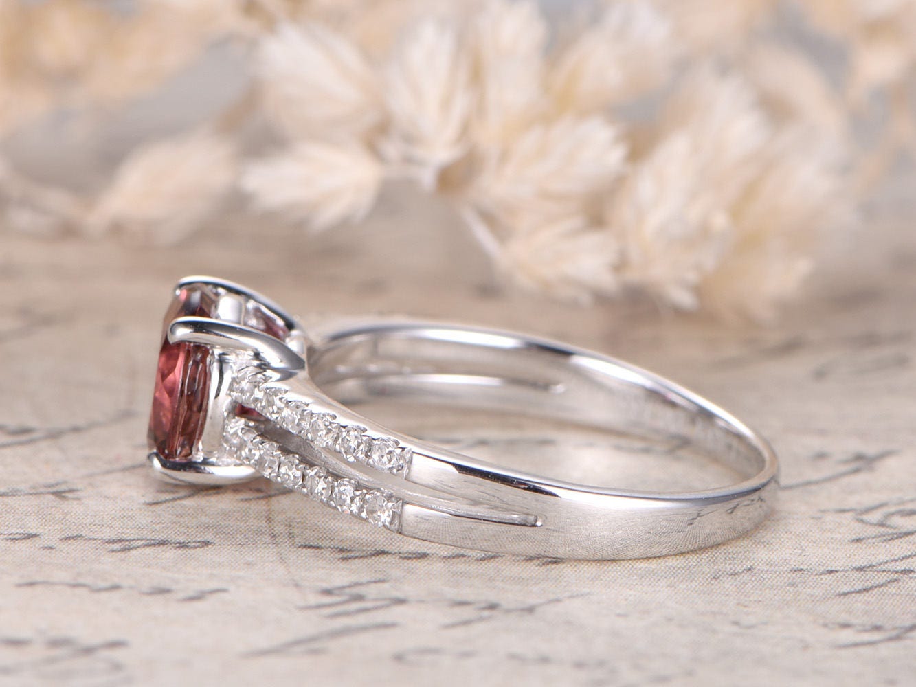 7mm Round Cut Pink Tourmaline Engagement Ring 14K White Gold Diamond Half Eternity