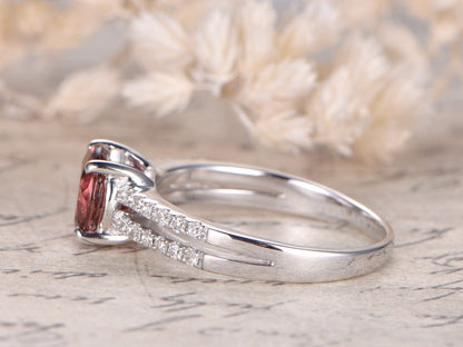 7mm Round Cut Pink Tourmaline Engagement Ring 14K White Gold Diamond Half Eternity