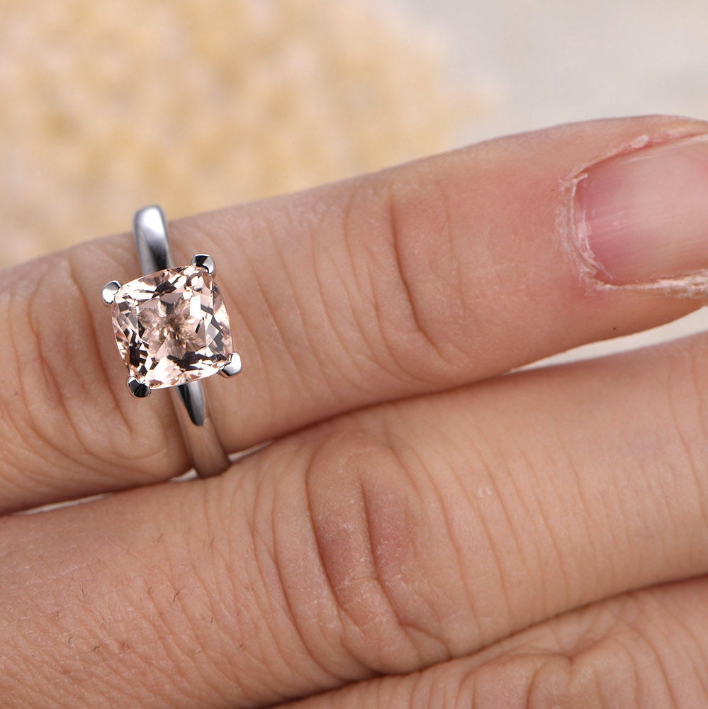 Bague de fiançailles solitaire en morganite coussin de 7 mm, anneau en or blanc simple 14 carats, bague d'anniversaire, bague de mariage