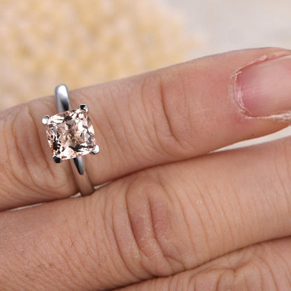 Bague de fiançailles solitaire en morganite coussin de 7 mm, anneau en or blanc simple 14 carats, bague d'anniversaire, bague de mariage