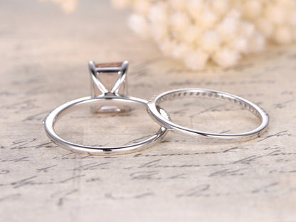 Bague en morganite taille émeraude 6-8 mm, ensemble de bagues en morganite taille émeraude, bague de fiançailles en morganite, alliance fine en diamant assortie, ensemble de mariage