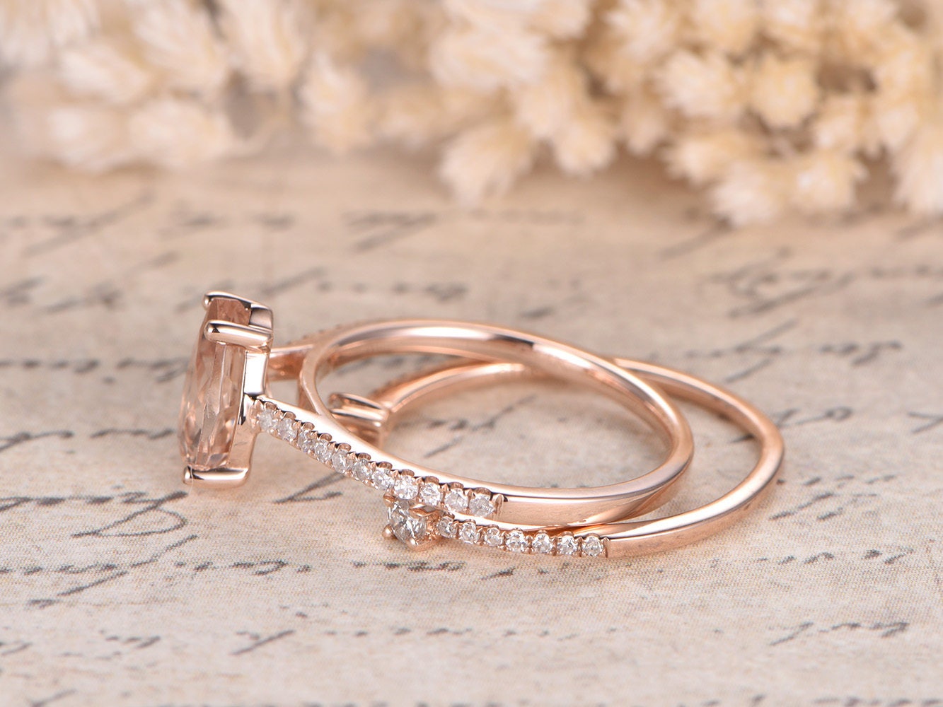 6x8mm-pear-cut-morganite-engagement-ring-set-2pcs-14k-rose-gold-pave-diamond-band-opening-6mm-matching-band