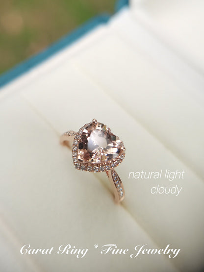 Bague de fiançailles en morganite en forme de cœur, pierre précieuse rose ronde de 8 mm, bague de promesse, alliance en or rose 14 carats avec diamants, pour femme