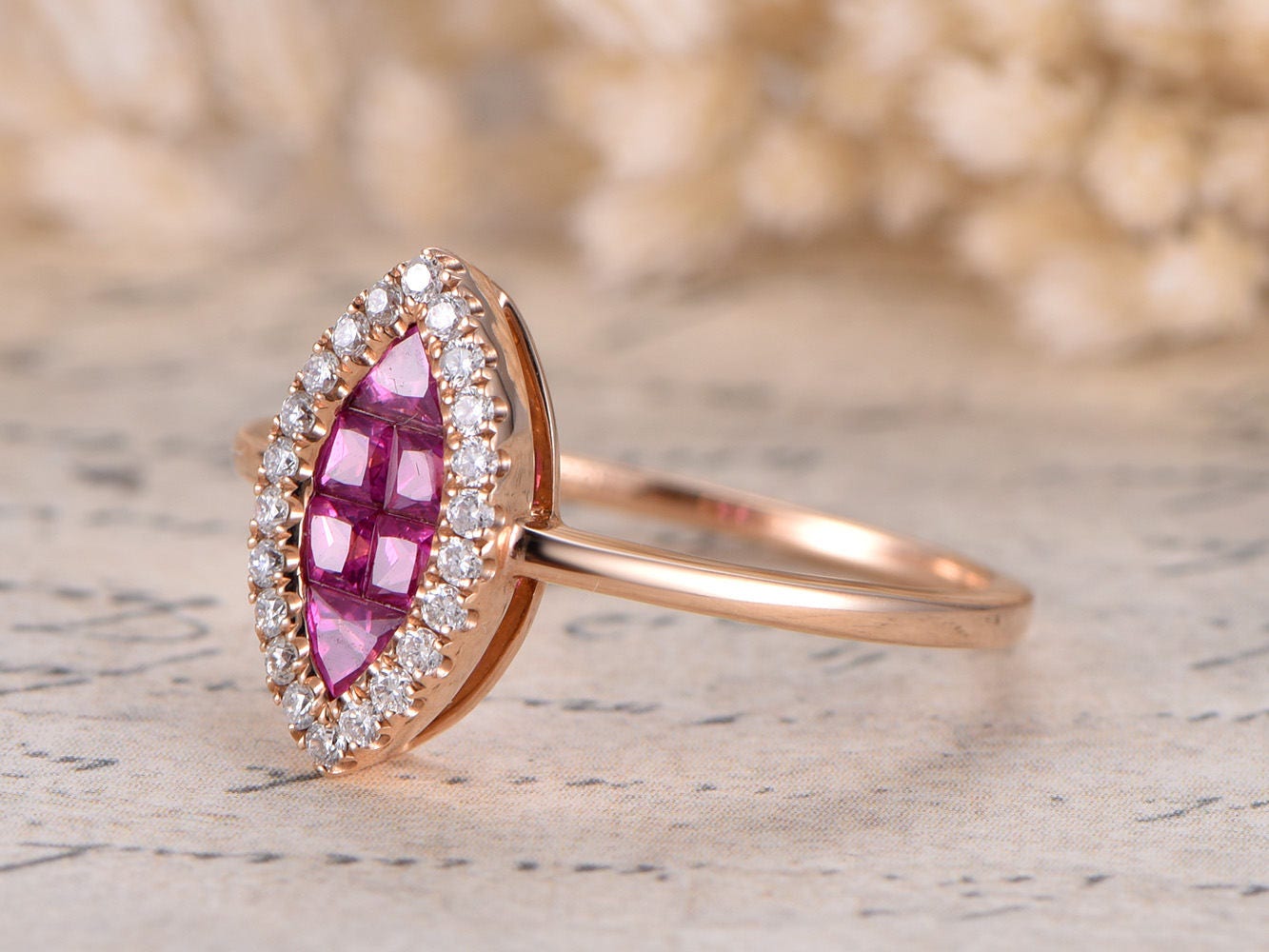 Bague de fiançailles en or rose 14 carats massif avec rubis rouge naturel VS, alliance avec diamants HALO, bague de promesse, bague de fiançailles délicate