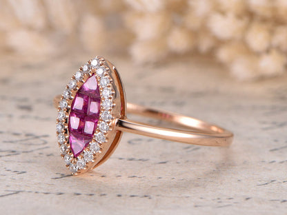 Bague de fiançailles en or rose 14 carats massif avec rubis rouge naturel VS, alliance avec diamants HALO, bague de promesse, bague de fiançailles délicate