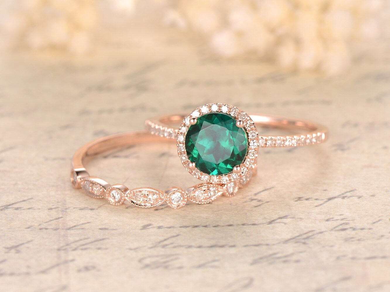 Bague de fiançailles ornée d'une émeraude, bague en émeraude taille ronde de 7 mm, alliance en diamants style Art déco, ensemble de bagues de mariée, or rose 14 carats, bague de naissance de mai