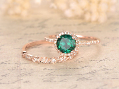 Bague de fiançailles ornée d'une émeraude, bague en émeraude taille ronde de 7 mm, alliance en diamants style Art déco, ensemble de bagues de mariée, or rose 14 carats, bague de naissance de mai