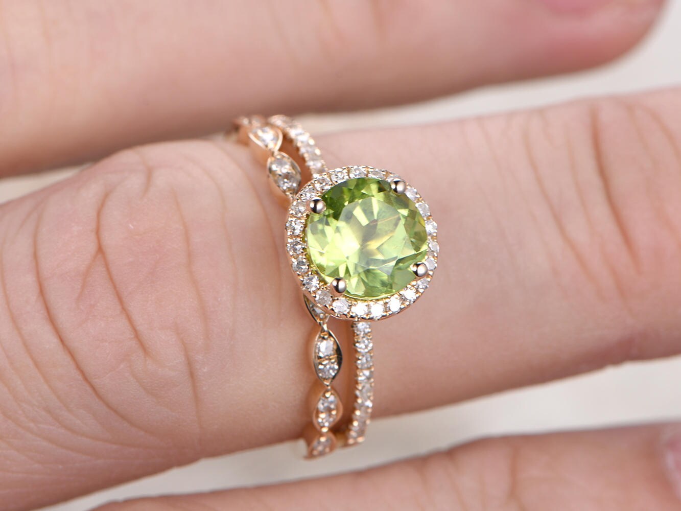 7mm Round Cut Peridot Engagement Ring Set 2pcs Diamond Halo | Diamond Art Deco Matching Band