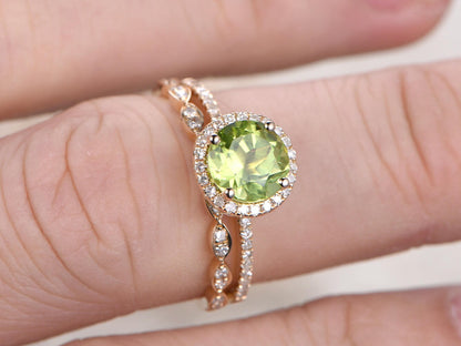 7mm Round Cut Peridot Engagement Ring Set 2pcs Diamond Halo | Diamond Art Deco Matching Band