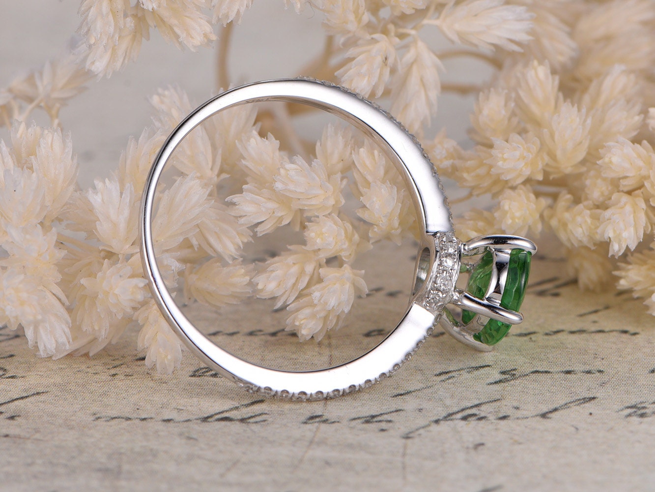 5x7mm Oval Cut Tsavorite Engagement Ring 14K White Gold Diamond Half Eternity Solitaire