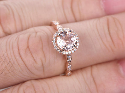 Bague en or rose 14 carats avec morganite rose de 7 mm, alliance sertie de diamants pavés et bague de promesse avec diamant marquise.