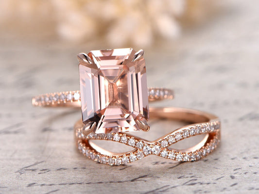 9x11mm Emerald Cut Morganite Engagement Ring Set 2pcs 14K Rose Gold Diamond Half Eternity Solitaire | Split Shank Matching Band