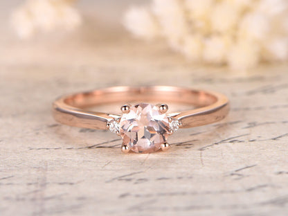 6.5mm Round Cut Morganite Engagement Ring 14K Rose Gold 3pcs Solitaire Plain Band