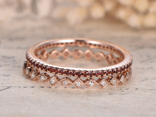 Red Garnet & Diamond Wedding Band Set 2pcs 14K Rose Gold Full Eternity