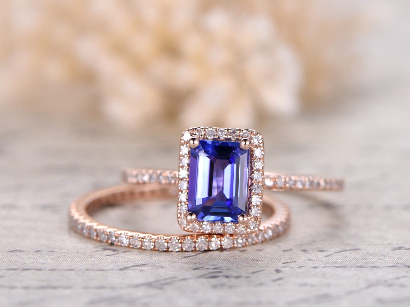 5X7mm Emerald Cut Tanzanite Engagement Ring Set 2pcs 14K Rose Gold Diamond Halo