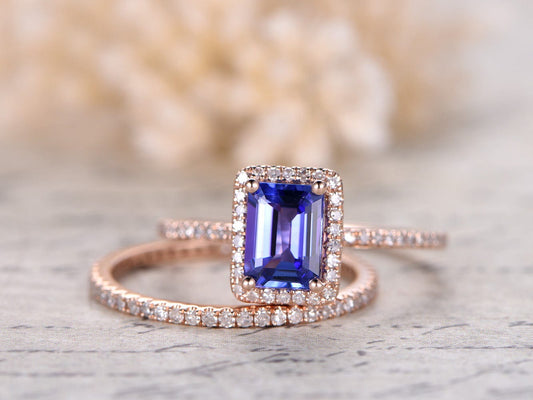 5X7mm Emerald Cut Tanzanite Engagement Ring Set 2pcs 14K Rose Gold Diamond Halo