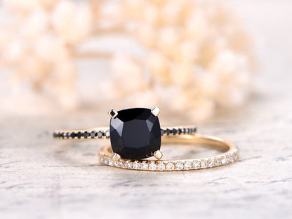 7mm-cushion-cut-black-spinel-engagement-ring-set-2pcs-solid-14k-yellow-gold-black-diamond-band-thin-matching-band