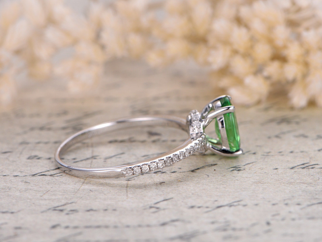 5x7mm Oval Cut Tsavorite Engagement Ring 14K White Gold Diamond Half Eternity Solitaire