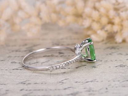 5x7mm Oval Cut Tsavorite Engagement Ring 14K White Gold Diamond Half Eternity Solitaire