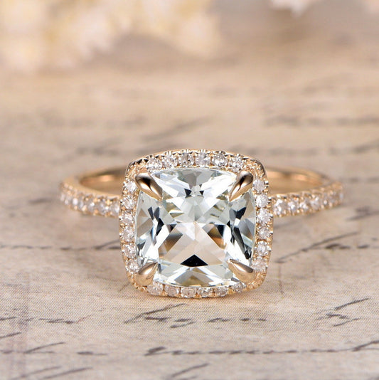 8mm Cushion Cut White Topaz Engagement Ring 14K Yellow Gold Diamond Halo