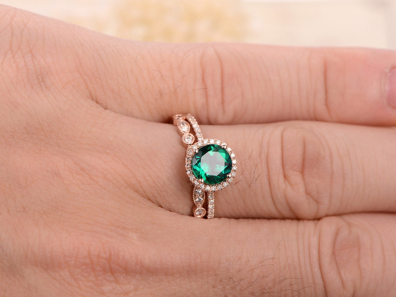 Bague de fiançailles ornée d'une émeraude, bague en émeraude taille ronde de 7 mm, alliance en diamants style Art déco, ensemble de bagues de mariée, or rose 14 carats, bague de naissance de mai