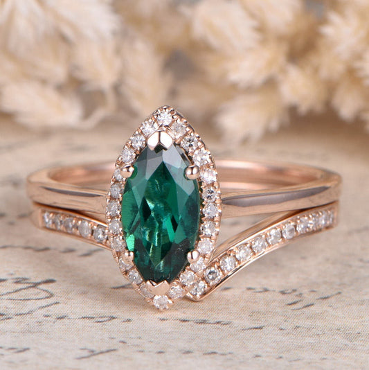 5x10mm-marquise-cut-emerald-engagement-ring-set-2pcs-14k-rose-gold-diamond-halo-plain-band-2pcs-curved-v-band