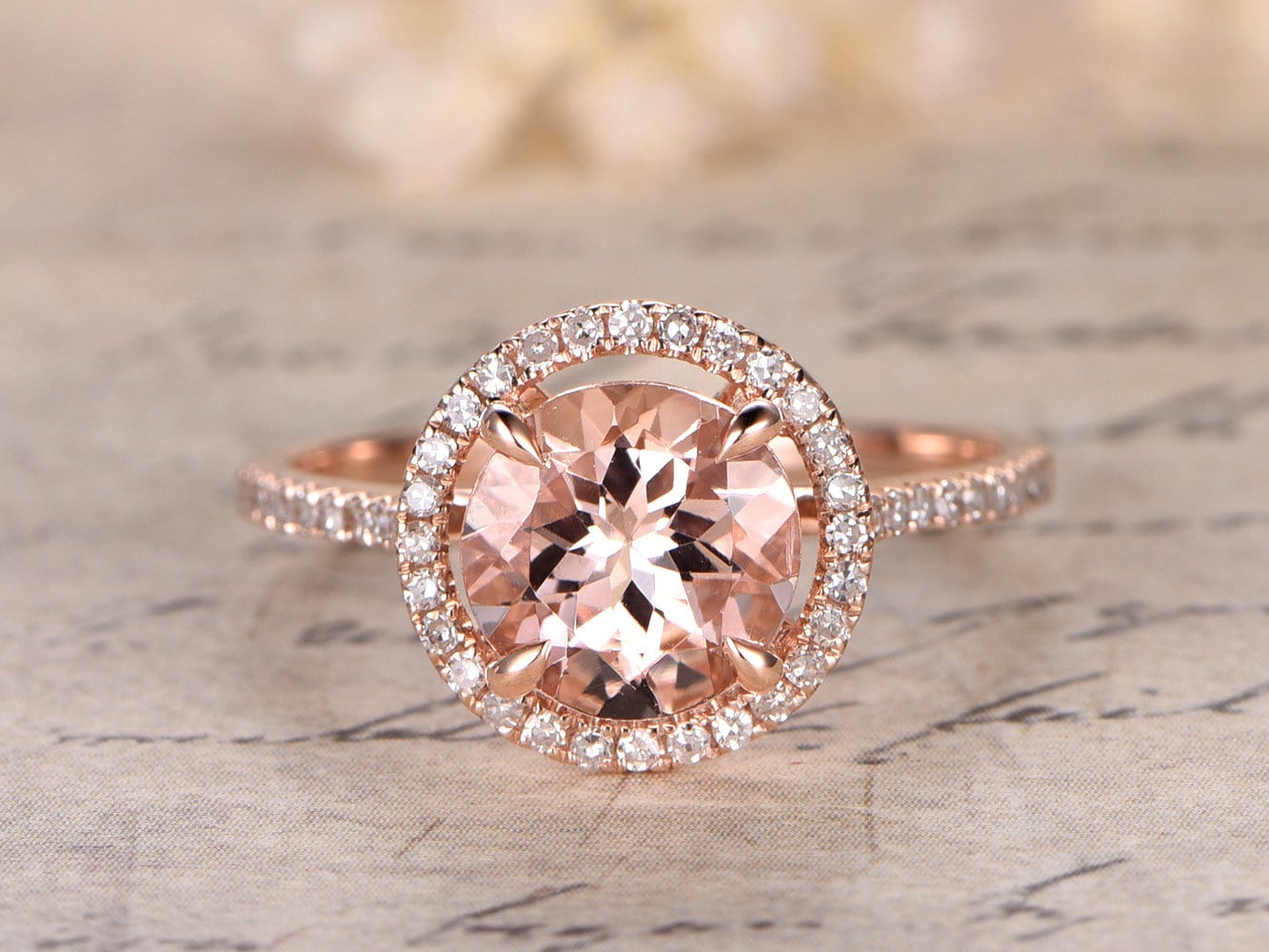 Bague de fiançailles vintage en or jaune avec morganite de 7 mm, bague halo de diamants pour femme, bague art déco, bague d'anniversaire unique, bague de mariée