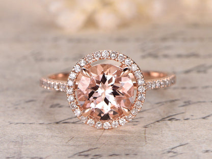 Bague de fiançailles vintage en or jaune avec morganite de 7 mm, bague halo de diamants pour femme, bague art déco, bague d'anniversaire unique, bague de mariée