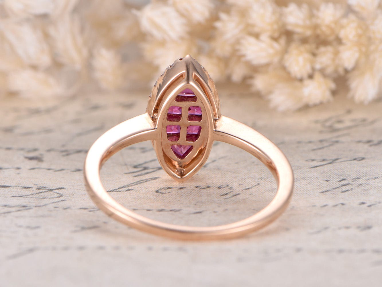 Bague de fiançailles en or rose 14 carats massif avec rubis rouge naturel VS, alliance avec diamants HALO, bague de promesse, bague de fiançailles délicate
