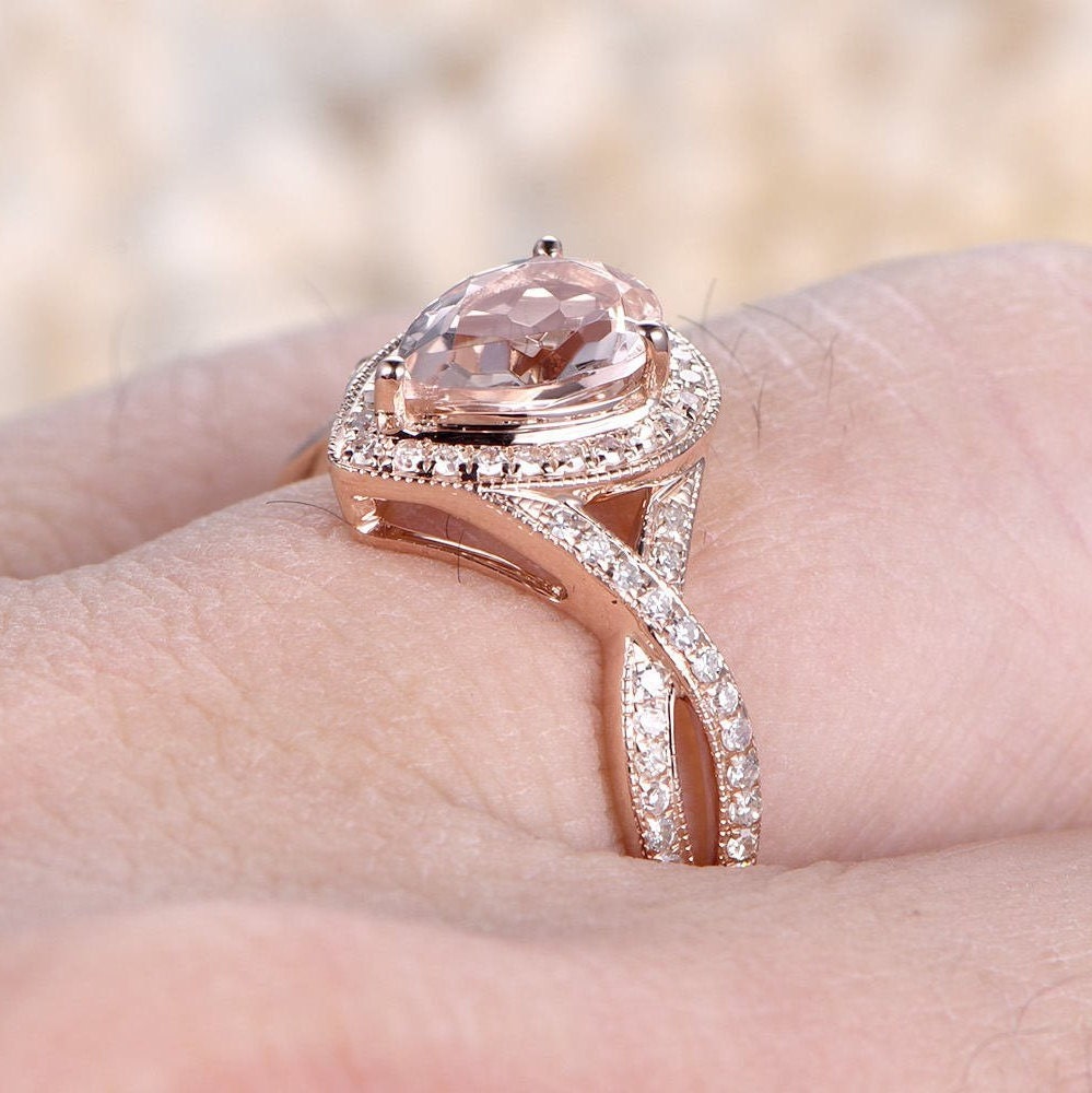 Bague en or rose 14 carats avec morganite rose, bague de fiançailles et alliance sertie de diamants, anneau fendu, diamants taille poire 6x8 mm.