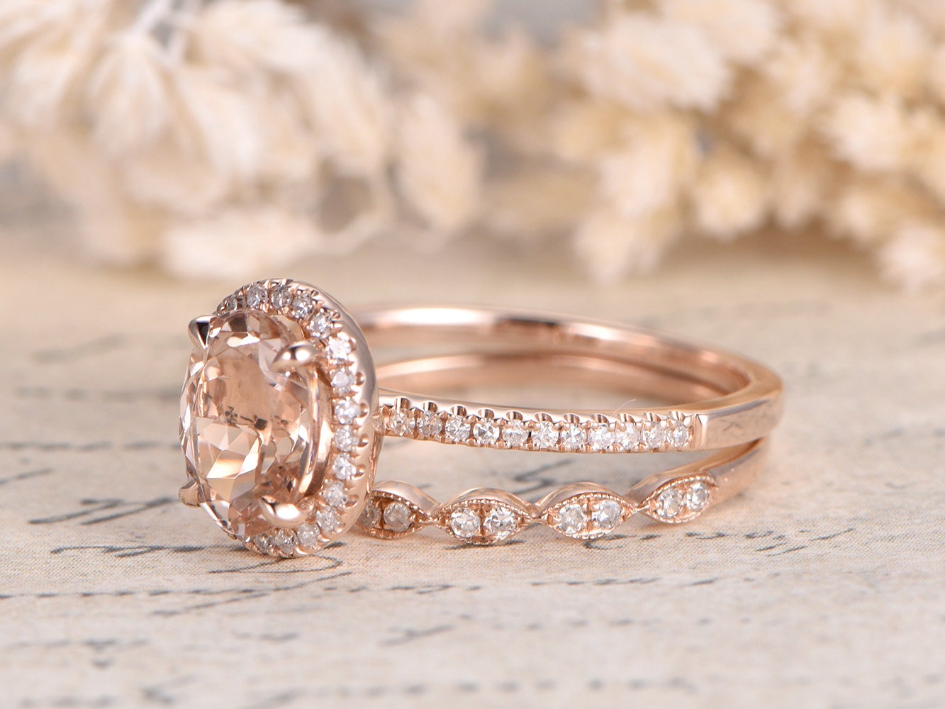 7x9mm-oval-cut-morganite-engagement-ring-set-2pcs-14k-rose-gold-halo-diamond-art-deco-stacking-band
