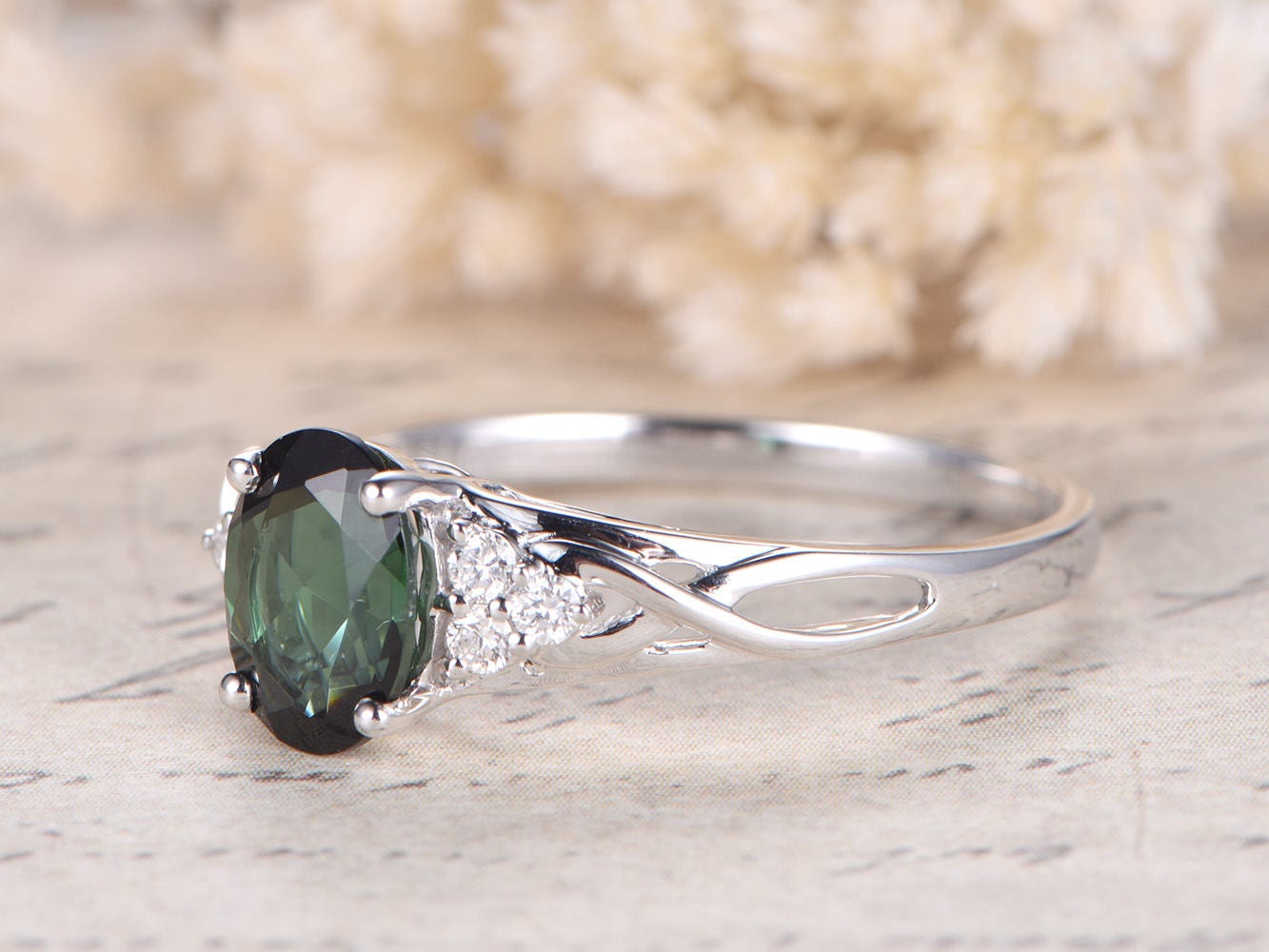 6x8mm Oval Cut Green Tourmaline Engagement Ring 14K White Gold Diamond Side Stone Plain Band