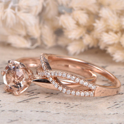 Bague de fiançailles en morganite rose, bague solitaire en morganite rose et or rose, alliance sertie de diamants, anneau fendu, bague à 6 griffes, anneau simple