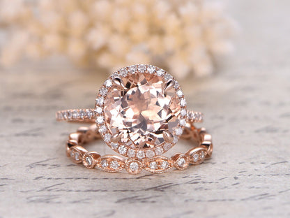 Bague en or rose 14 carats sertie d'une morganite ronde de 8 mm, alliance sertie de diamants et sertie de diamants taille marquise.