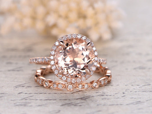 Bague en or rose 14 carats sertie d'une morganite ronde de 8 mm, alliance sertie de diamants et sertie de diamants taille marquise.