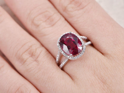9x11mm Oval Cut Ruby Engagement Ring 14K White Gold Diamond Halo Split Shank Design