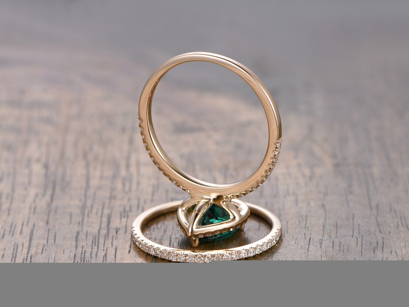 Ensemble de 2 bagues, alliance en émeraude, bague de fiançailles en émeraude taille poire, alliance assortie en diamants, ensemble de mariage, or jaune 14 carats