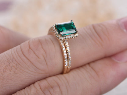 6x8mm-emerald-cut-emerald-engagement-ring-set-2pcs-14k-yellow-gold-diamond-halo-half-eternity-thin-matching-band