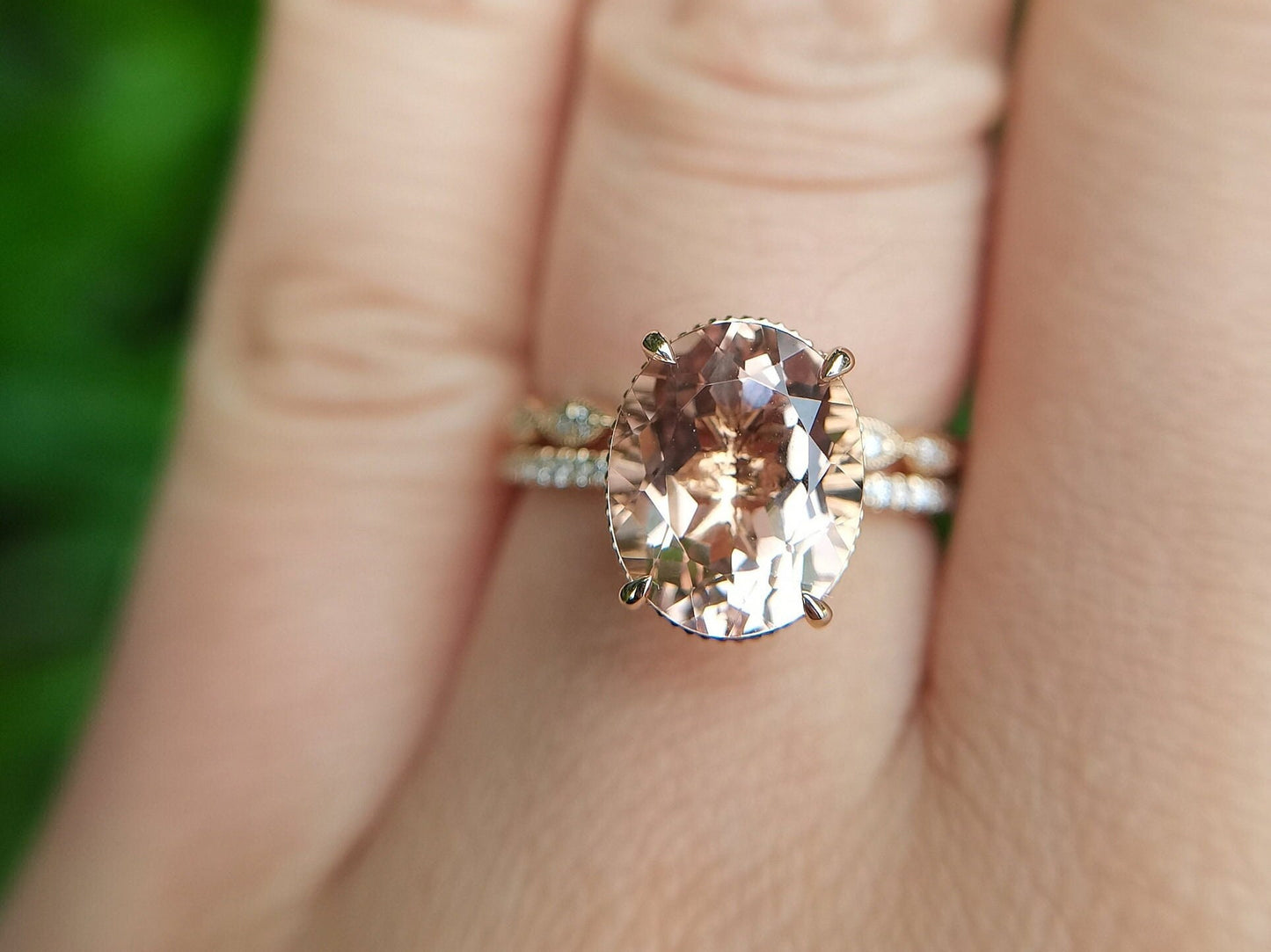 9x11mm Oval Cut Morganite Engagement Ring Set 2pcs 14K Rose Gold Diamond Half Eternity Solitaire | Thin Matching Band